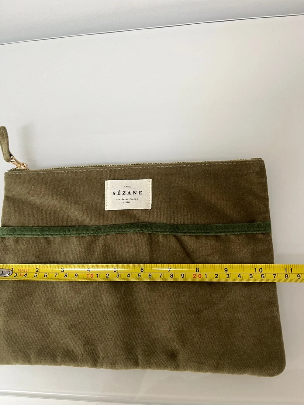 Sezane Olive Green Velvet Cosmetic Pouch with Dark Green Trim